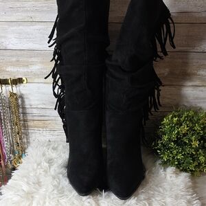 NEW Journee Collection Black Suede Fringe Knee-High Boots